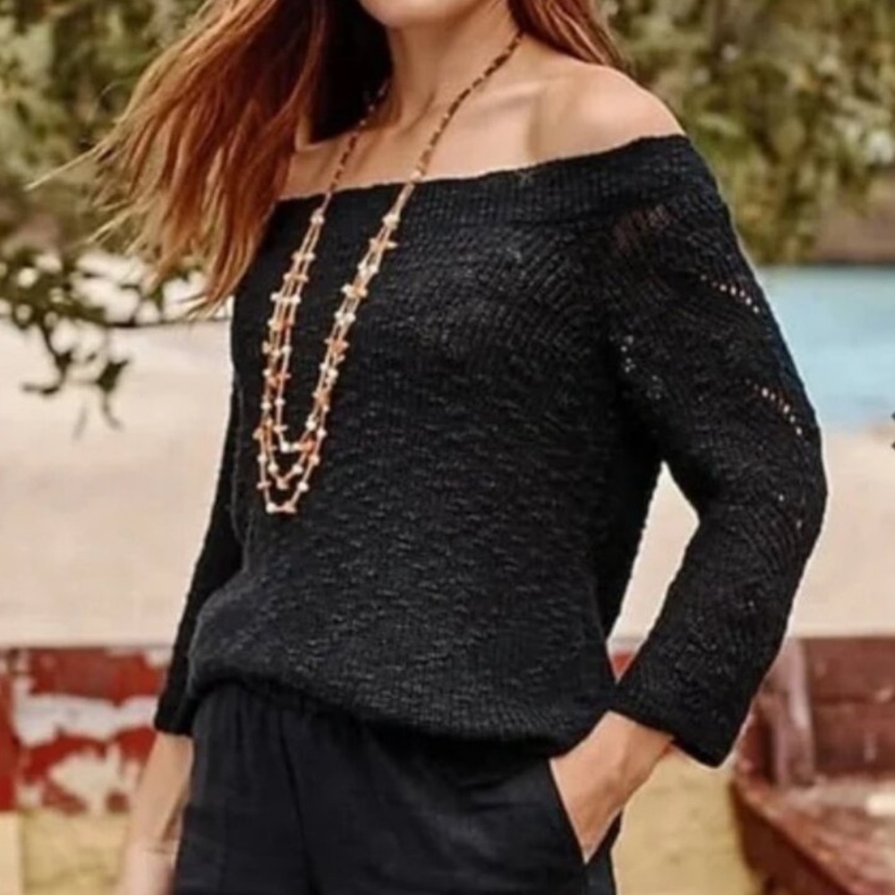 J Jill Textured Convertible-Shoulder Sweater Black Cotton Open Knit Sleeve NWT-M